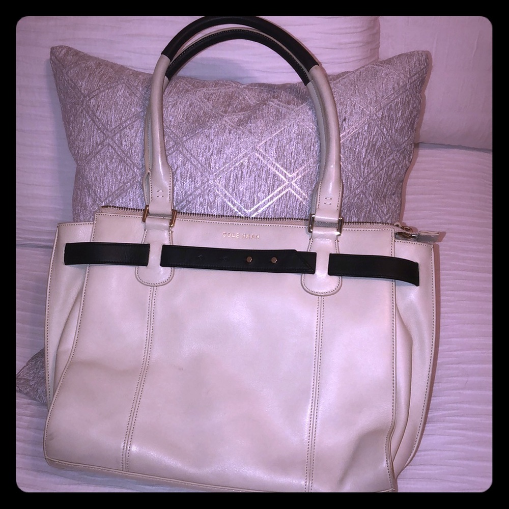 Cole Haan white leather with black trim tote